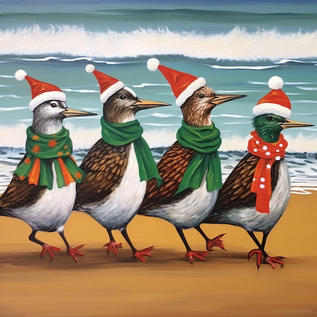 Oiseaux de plage de mer portant des chapeaux de Noël images Art généré par AI