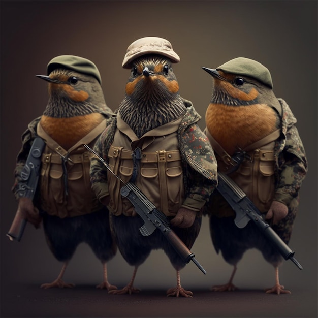 Oiseaux portant des vêtements militaires et tenant des fusils