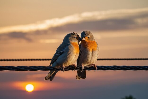 Photo des oiseaux romantiques au coucher du soleil