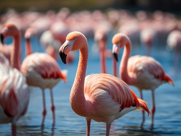 Des oiseaux sauvages africains, des flamants roses en groupe, se promènent autour du lagon bleu par une journée ensoleillée.