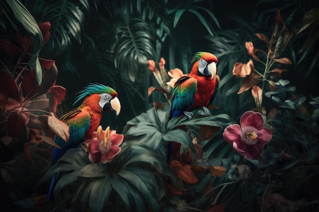 Oiseaux tropicaux colorés et belles fleurs surréalistes AI générative