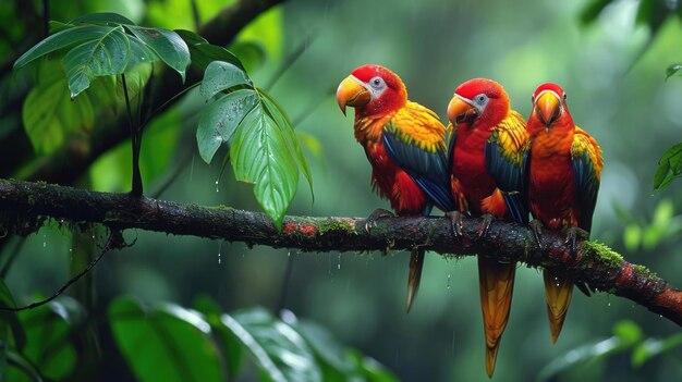 Photo des oiseaux tropicaux colorés et vibrants se perchent gracieusement sur une branche d'arbre luxuriante de la forêt tropicale.