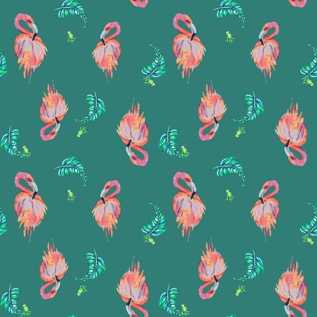 Oiseaux tropicaux flamant rose et feuilles de palmier modèle sans couture aquarelle sur fond vert