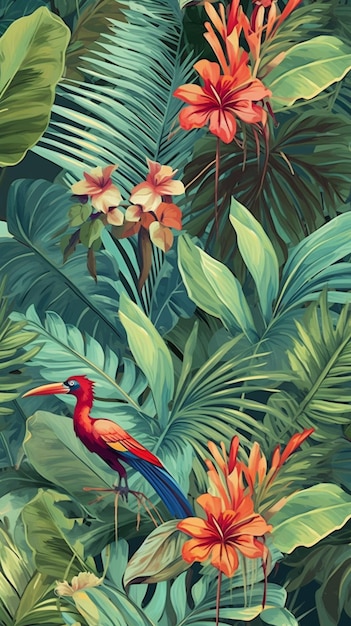 Oiseaux tropicaux et fleurs dans une jungle avec des feuilles vertes ai génératives