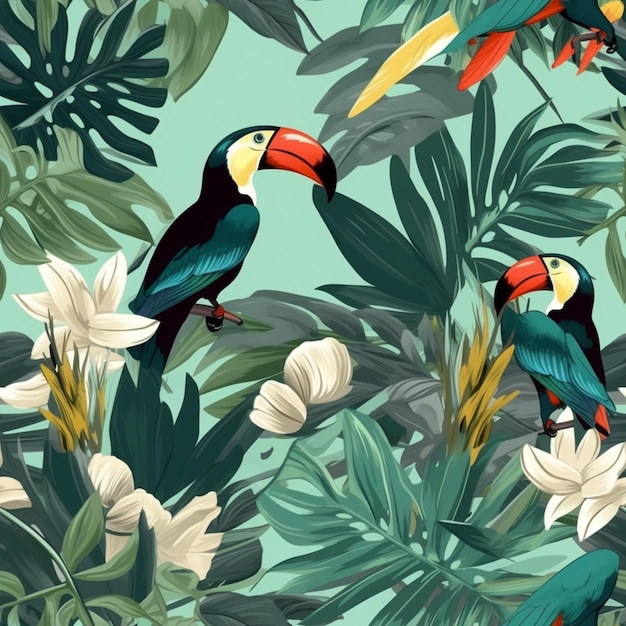 Oiseaux tropicaux et fleurs sur fond vert ai générative