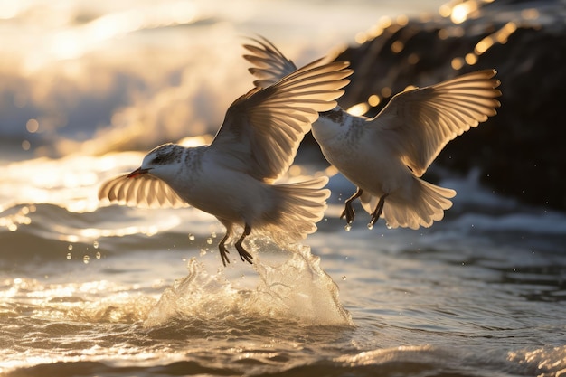 oiseaux en vol au-dessus d'une plage de mer plumes complexes et détails éclairés par la douce lumière du soleil côtier