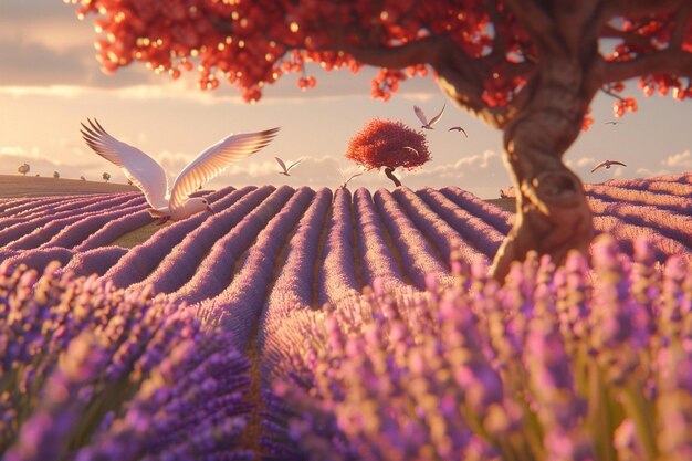 Des oiseaux volant au-dessus d'un champ de lavande en pleine floraison émettant un doux parfum