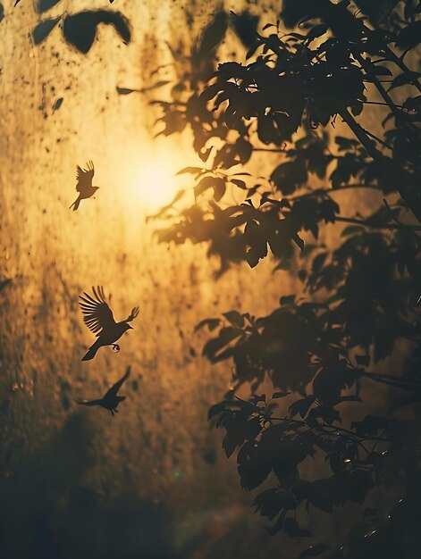 Des oiseaux volant comme des silhouettes de l'ombre du coucher du soleil sur le mur Creative Photo of Elegant Background