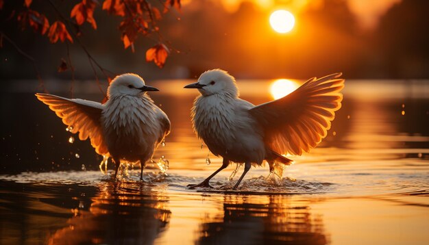 Photo des oiseaux volant librement au coucher du soleil reflétant la beauté de la nature générée par l'ia