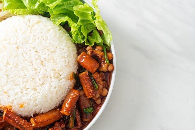 Ojing-O-Bokeum - Calmars ou poulpes sautés avec bol de riz à la sauce épicée coréenne - Style de cuisine coréenne