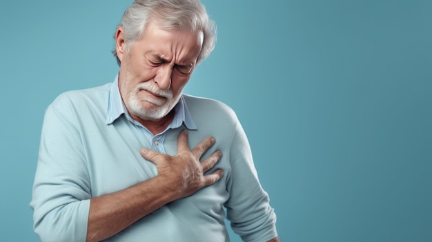 Photo old senior man appuie la main sur la poitrine souffre d'une crise cardiaque douleur insupportable isolée sur bleu