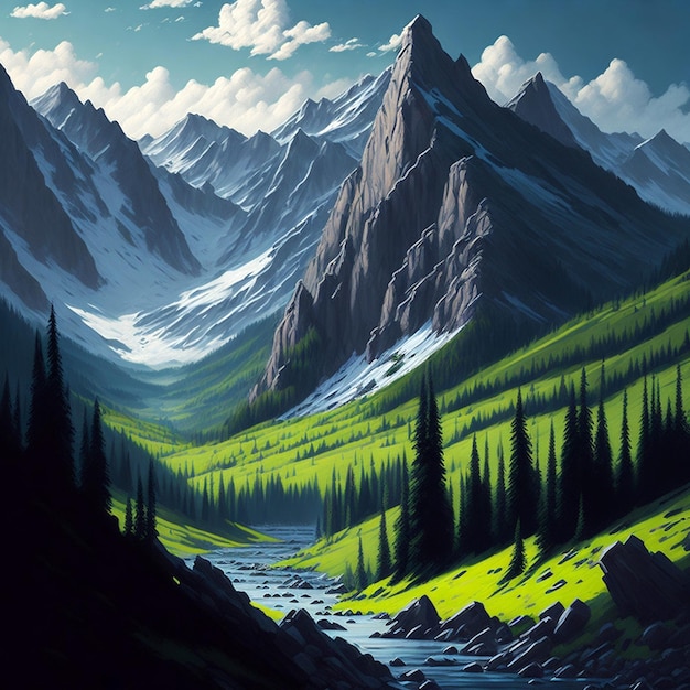 Oli peinture paysage de montagnes d'été