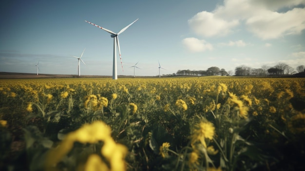 Éolienne dans un champ de fleurs jaunes Énergie alternative AI générative