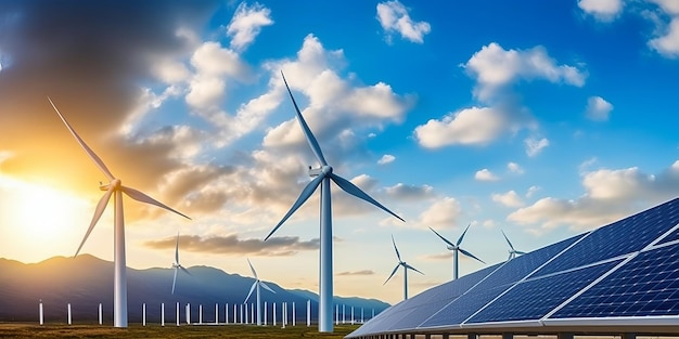 Éolienne et panneau solaire dans le ciel nuageux