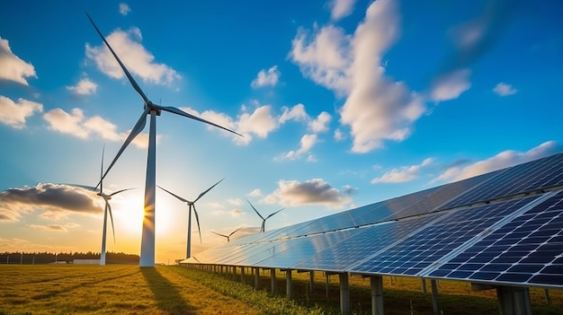 Éolienne et panneau solaire dans le ciel nuageux