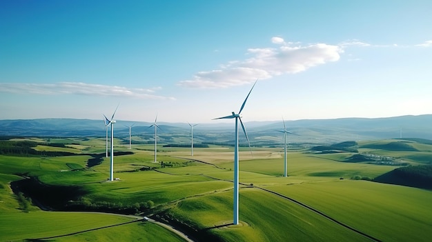 Éoliennes sur un champ vert avec un fond de ciel bleu