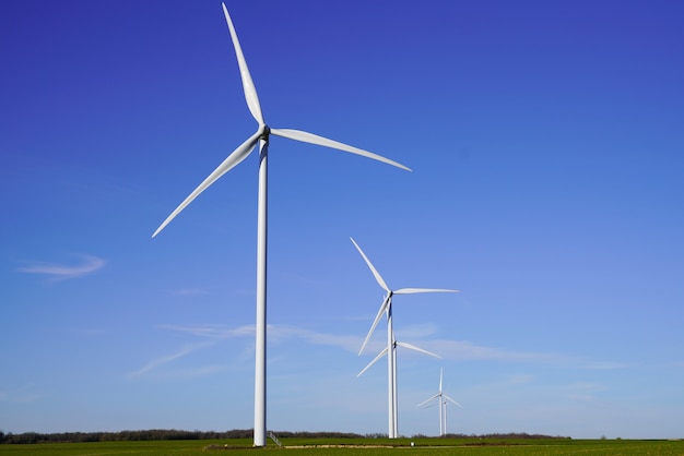 Éoliennes et champs agricoles le jour bleu ciel d'été