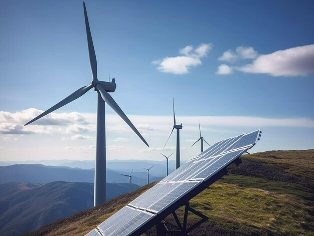 Éoliennes sur une colline avec un ciel bleu en arrière-plan