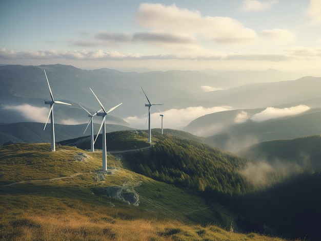 Éoliennes sur une colline avec un ciel brumeux en arrière-plan