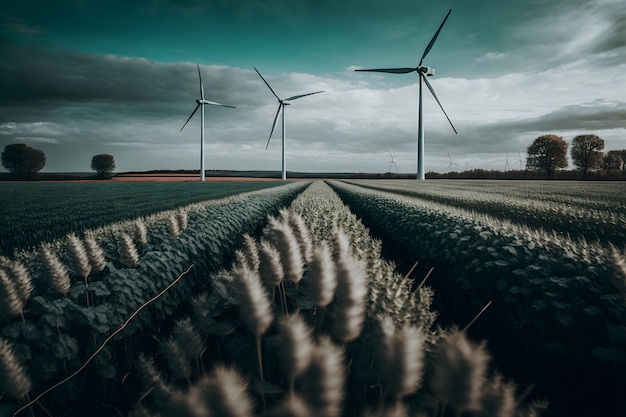 Éoliennes dans un champ avec un ciel nuageux en arrière-plan