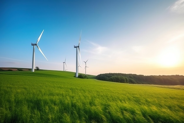 Éoliennes dans un champ avec le soleil couchant