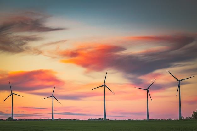 Éoliennes dans le ciel clair du soir