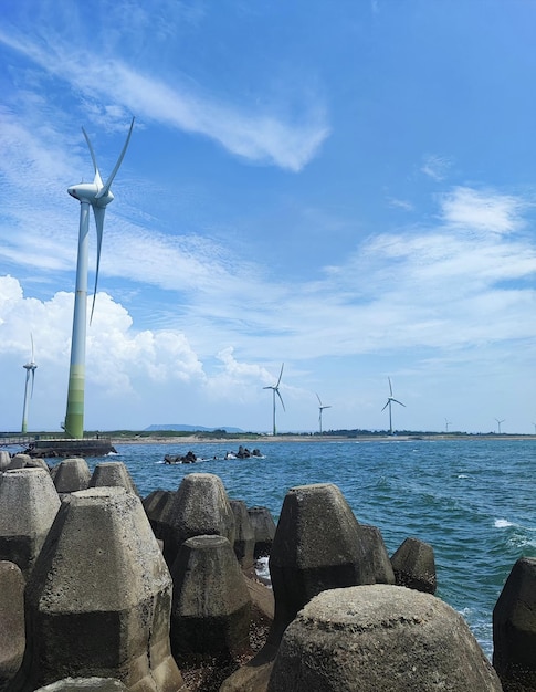 Éoliennes dans l'eau avec un ciel bleu en arrière-plan