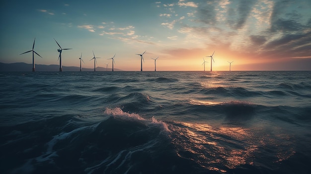 Éoliennes sur l'eau au coucher du soleil avec le coucher de soleil derrière eux