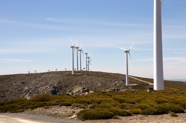 Éoliennes sur une ligne de partage des montagnes produisant de l'électricité par la force du vent