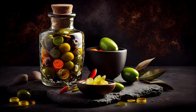 Olives assorties dans un bocal en verre avec de l'huile d'olive sur fond sombre ai générative