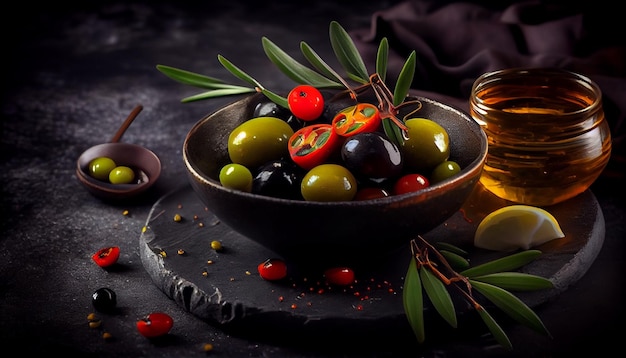 Olives assorties dans un bocal en verre avec de l'huile d'olive sur fond sombre ai générative