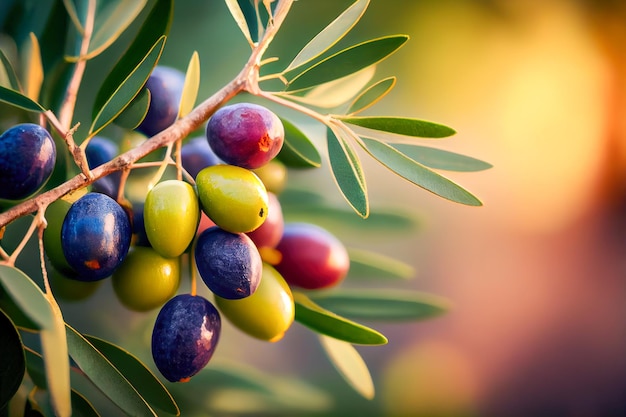 Olives sur une branche en gros plan sur un arrière-plan flou Illustration 3d AI générative