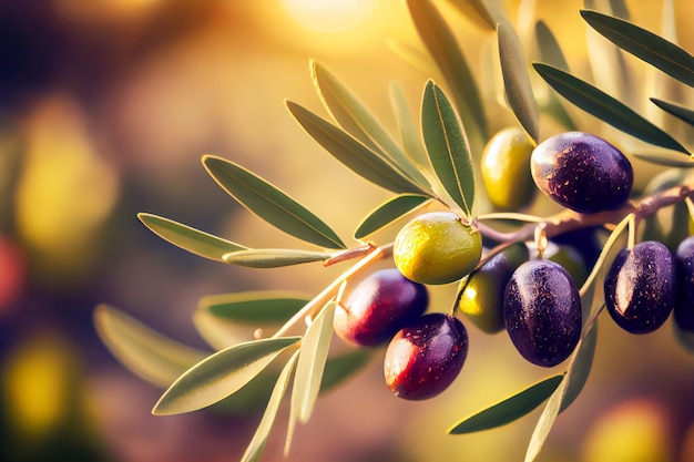 Olives sur une branche en gros plan sur un arrière-plan flou Illustration 3d AI générative