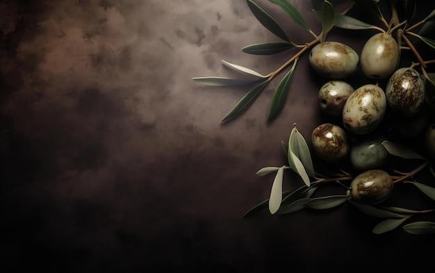 Olives sur une branche avec des olives sur fond sombre