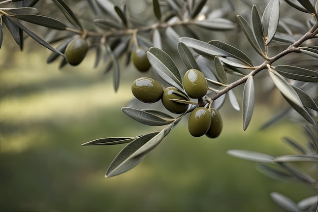 Des olives sur une branche d'olivier en arrière-plan
