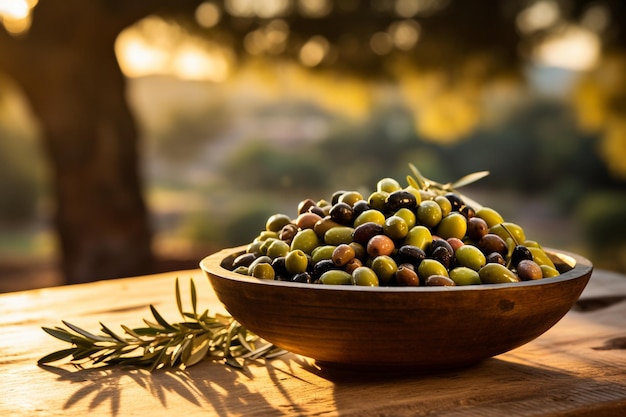 Des olives dans un bol en bois