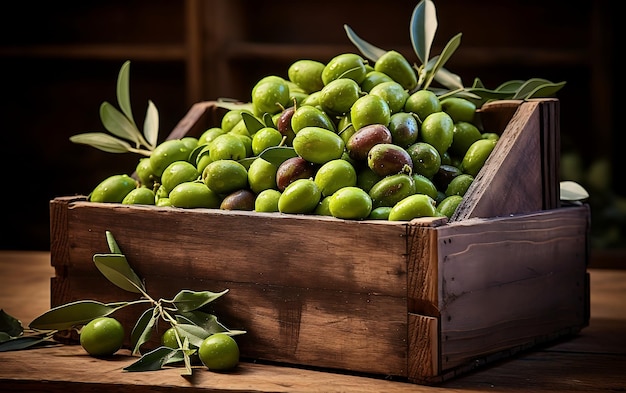 Olives dans une caisse en bois Olives fraîches