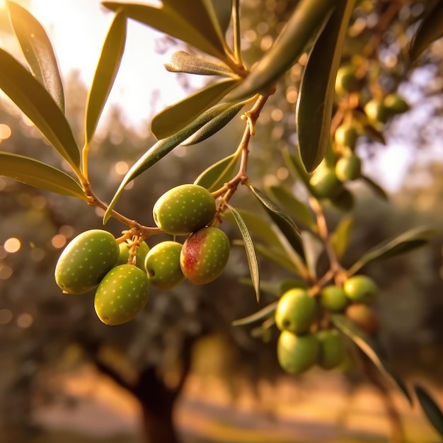 Des olives et des feuilles sur une branche d'arbre