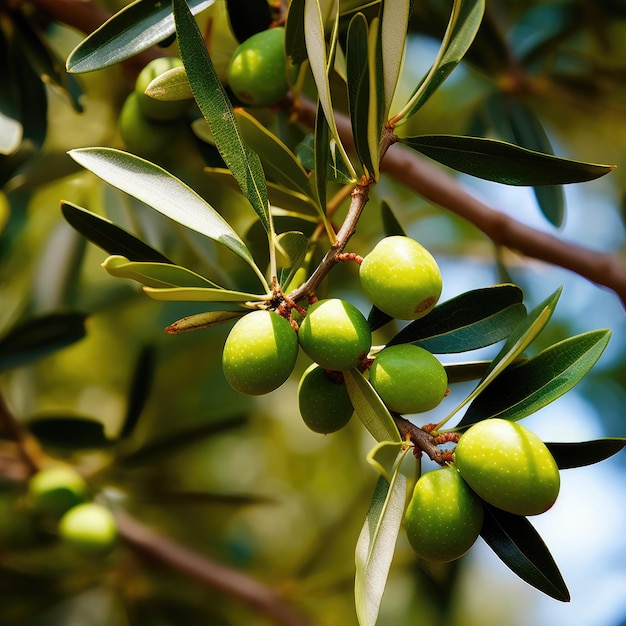 Des olives et des feuilles sur une branche d'arbre