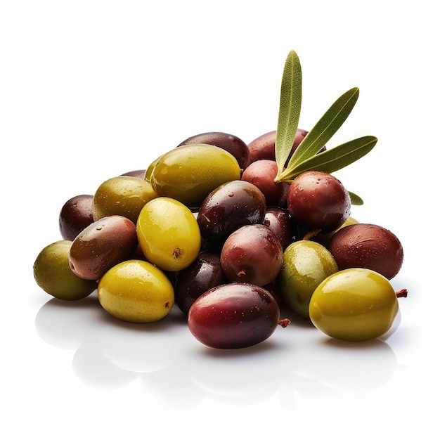 Des olives et des feuilles sur une branche d'arbre