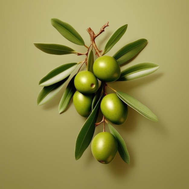 Des olives et des feuilles sur une branche d'arbre