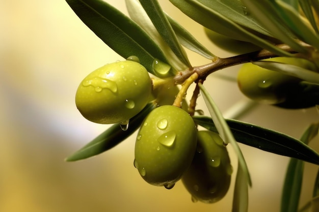 Des olives et des feuilles sur une branche d'arbre