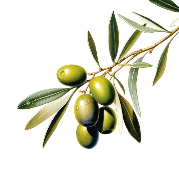 Des olives et des feuilles sur une branche d'arbre