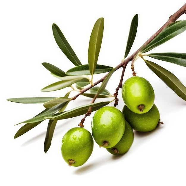 Des olives et des feuilles sur une branche d'arbre