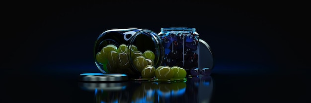 Olives avec feuilles sur fond noir. rendu 3d