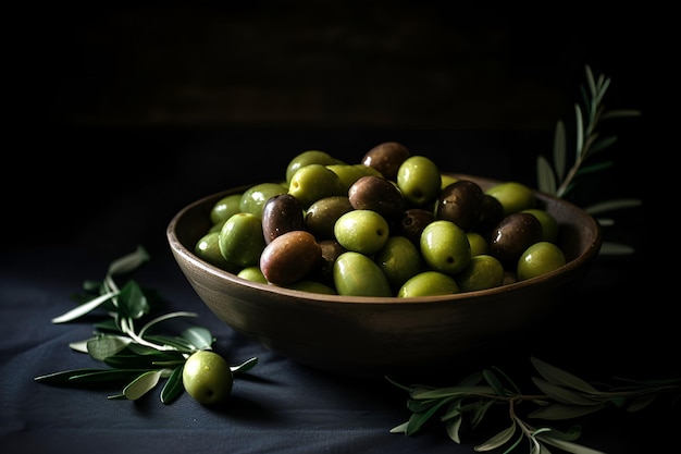 Olives fraîches avec des feuilles dans un bol sur un fond sombre généré par l'IA