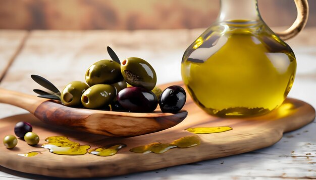 Olives et huile d'olive avec cuillère et feuilles sur une assiette en bois dans un cadre traditionnel et rustique