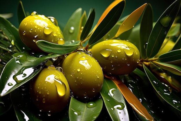 olives avec de l'huile d'olive et des feuilles