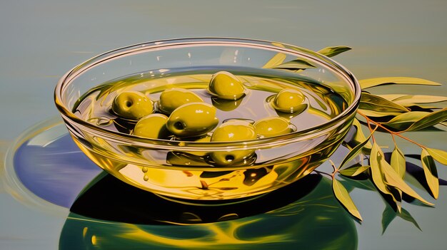 Photo olives et huile d'olive flottant sur un fond vert technologie generative ai