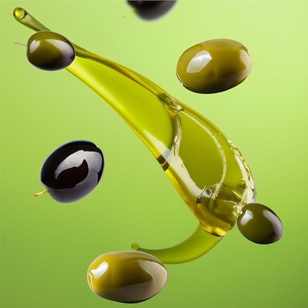 Olives et huile d'olive flottant sur fond vert